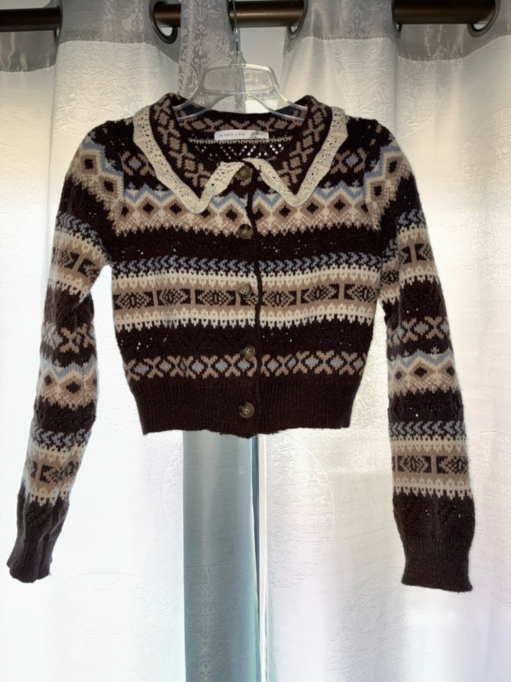 Altar’d State - Cropped Fair Isle Cardigan Sweater - Brown Multi